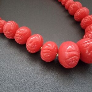 Vintage Hand-Carved Celluloid Coral Style Necklace Salmon Red Artisan Beads